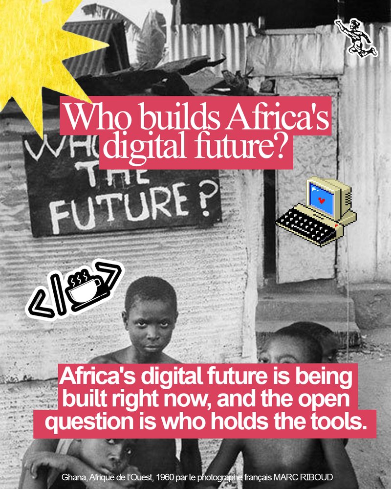 Who builds Africa’s digital future? A black-and-white 1960 photograph of children in Ghana, with a computer sticker and a chalkboard that asks about the future
